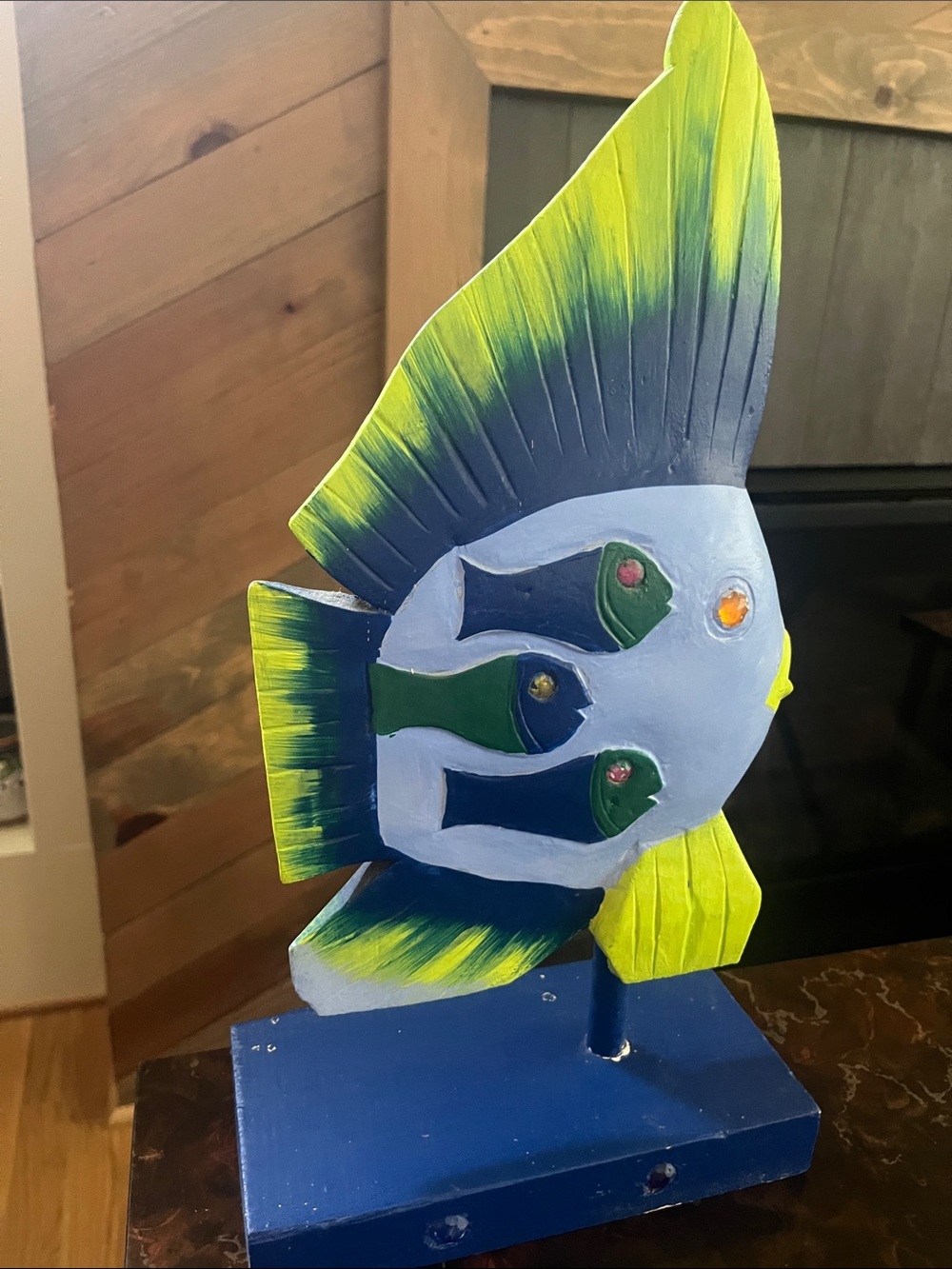 Vibrant Decorative Wooden Fish on Base